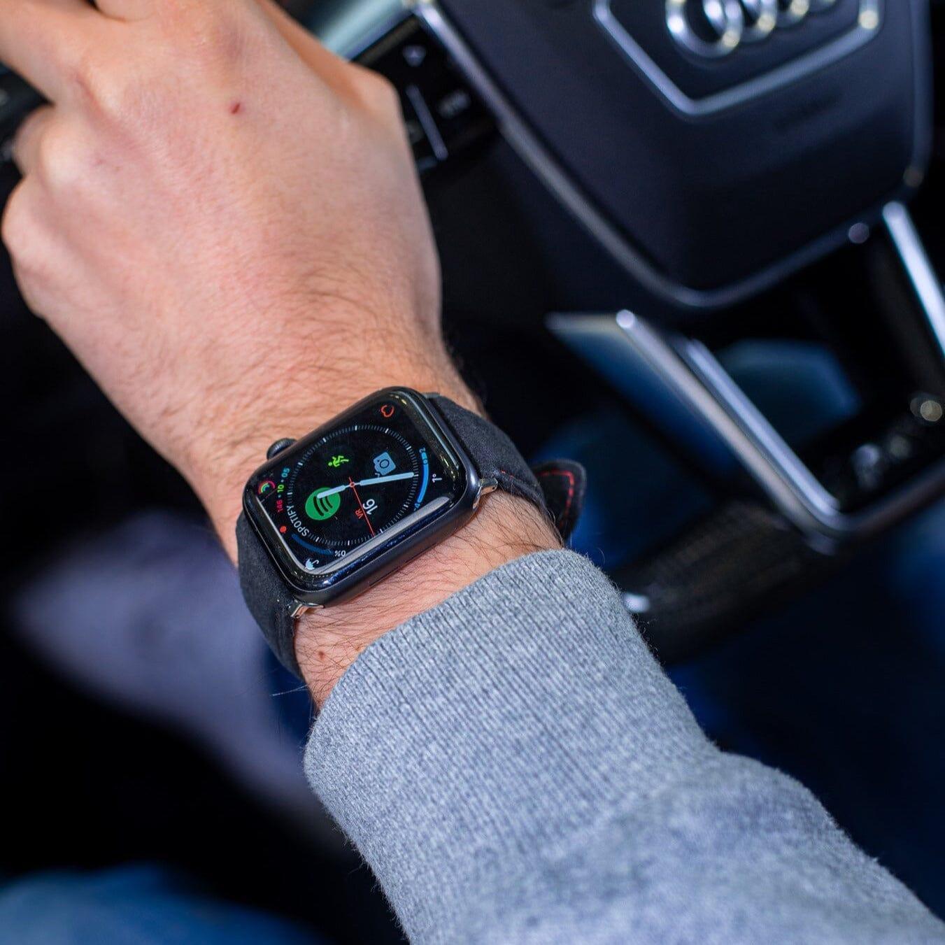 Alcantara Apple Watch Band With Buckle - Space Grey With Red Stitching - 42/44/45/46mm & Ultra (49mm)