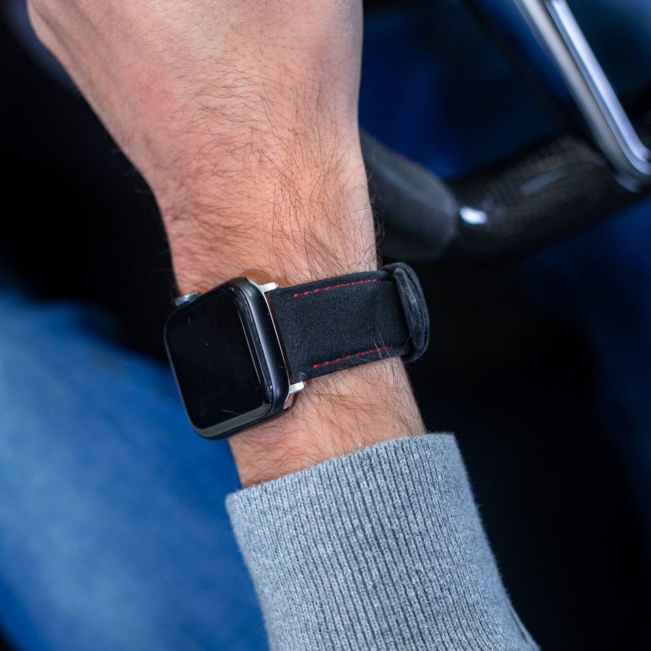 Alcantara Apple Watch Band With Buckle - Space Grey With Red Stitching - 42/44/45/46mm & Ultra (49mm)